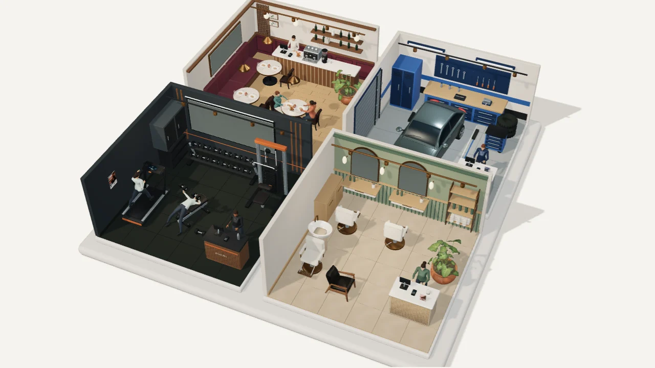 Une maquette de quatre établissements : restaurant, garage, coiffeur et salle de sport